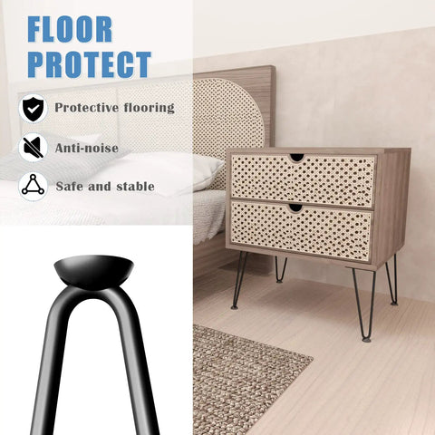 Hairpin Leg Set 16 Inch Black Metal Table Legs With Rubber Floor Protectors on nightstand in bedroom setting
