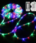 Outdoor Battery Operated LED Rope Lights 40 Ft With 120 LEDs, 8 Modes, Dimmable and Timed, Remote Control, colorful lights displayed