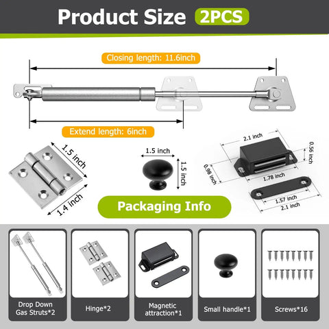 Drop-Down Gas Struts With No-Slam Soft Close Hinges For Cabinets And Drop-Front Desks Hydraulic Lid Stay Support 100N 2 Pack