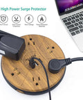 Power Strip With Surge Protector 6 AC Outlets And 3 USB Ports Charging Hub next to laptop, right-angle flat plug connected.