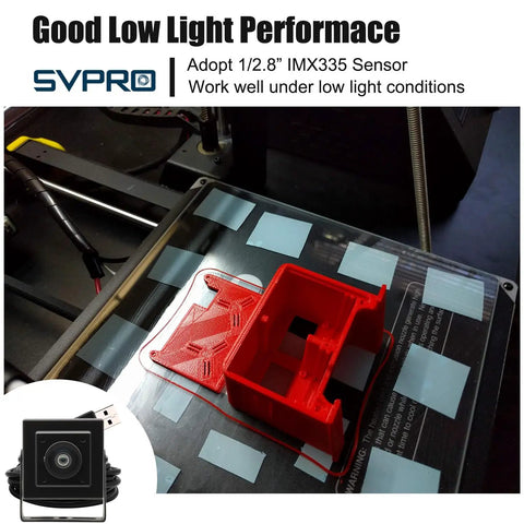 5MP USB Camera for 3D Printer with IMX335 Sensor showcasing low light performance next to a red 3D printed object on a printer bed.