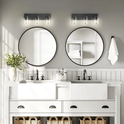 Three Light Matte Black Vanity Light With Clear Glass Shades For Bathroom Mirror Over Vanity 22 Inch Modern Wall Sconces