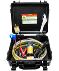 Quick Draw 12V Fuel Transfer Pump 85 GPH Electric Gasoline Diesel Siphon Kit in protective case with hoses and accessories.