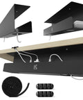 Two Pack Under Desk Cable Management Tray 16.5 Inch Wire Organizer for power strips and cords, black steel, with cable clips