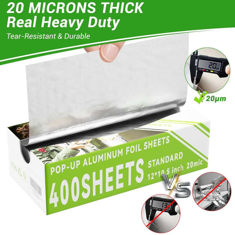 Grab And Go Pre Cut Pop Up Aluminum Foil Sheets 400 Count 12 By 10.6 Inches box with sheet and 20 micron thickness measurement