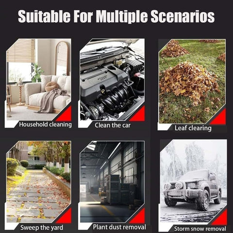 Image showing Jet Blower 2.0 Handheld Cordless Air Dryer For Cars, Patios And Snow With Beast Mode 160,000 RPM Turbo Power and 200 MPH Airflow used for cleaning scenarios including household cleaning, car engine, leaf clearing, yard sweeping, dust removal, and snow removal with DeWalt Battery Compatible.