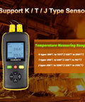 Two Channel K J T Thermocouple Data Logger With USB Temp Recorder And Dual Probes, Auto Report, 61440 Recordings, For HVAC Lab And Industrial Ovens, No Software Required, shown with digital display and temperature settings.