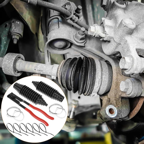 Universal Car Inner Tie Rod Boot Kit With Clamp Pliers, Cuttable Flexible Silicone Rack Boots, Dust Shield For Steering Rack And Pinion, Clamps And Ties, Adjustable Size Fits 0.39 To 1.77 Inches in use on a vehicle.