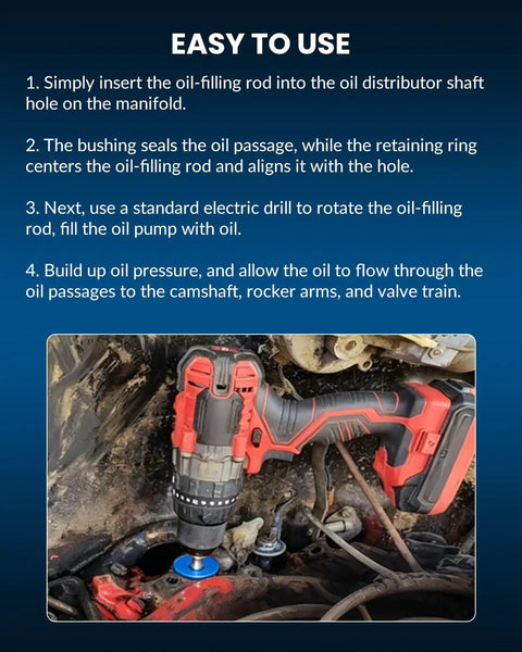 Premium Oil Pump Primer Tool For Gm Chevy Small And Big Block V6 V8 Drill engaged in engine oil priming process.