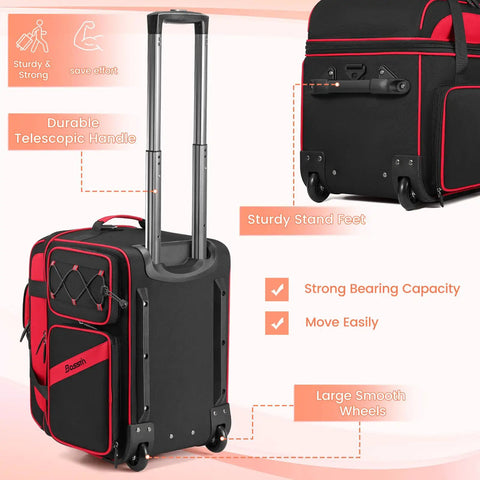 Rolling DJ Gear Bag With Wheels For Equipment, 15.6 Inch Laptop, telescopic handle, smooth wheels, red and black design