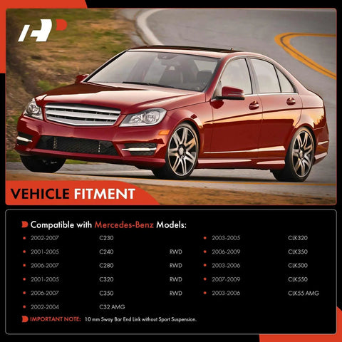 Vehicle fitment chart for Ten Piece Front Suspension Kit With Lower Forward And Rearward Control Arms For Mercedes Benz C230 C240 C280 C32 AMG C320 C350 CLK320 CLK350 CLK500 CLK55 AMG CLK550 RWD Models Direct Fit