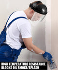 Four Pack Clear Face Shield With Shatterproof Lens For Grinding Cutting Sanding And Metal Jobs Heavy Duty Workhorse Fly Particle Dust Guard Worksite Approved Tough As Nails Protection worn by a worker painting.