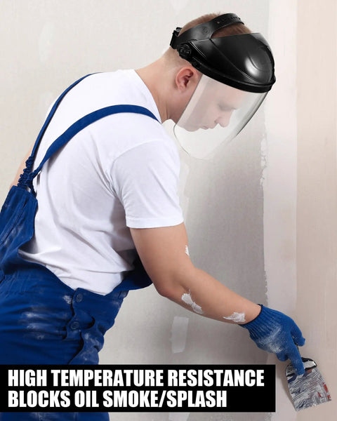Four Pack Clear Face Shield With Shatterproof Lens For Grinding Cutting Sanding And Metal Jobs Heavy Duty Workhorse Fly Particle Dust Guard Worksite Approved Tough As Nails Protection worn by a worker painting.