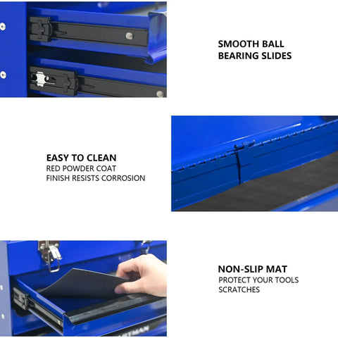 Heavy Duty 20 Inch Steel Rolling Tool Chest With Three Drawers Locking System And Drawer Interlock For Safe Transport features