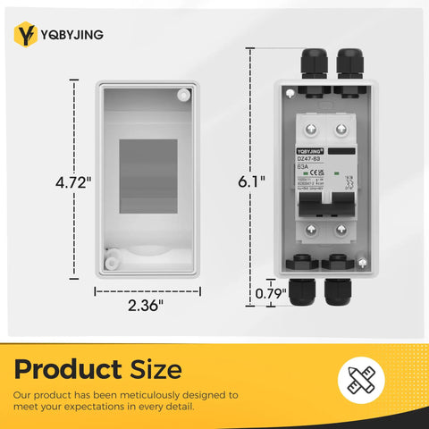 Front and side view of DC 63 Amp Solar Panel Disconnect Switch Heavy Duty Two Pole Miniature Circuit Breaker Box 1000V Outdoor IP65