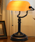 Bankers Desk Lamp With USB Port, Dope Rustic Oil Rubbed Bronze Finish, Pull Chain Desk Light With Amber Yellow Glass Shade