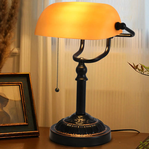 Bankers Desk Lamp With USB Port, Dope Rustic Oil Rubbed Bronze Finish, Pull Chain Desk Light With Amber Yellow Glass Shade