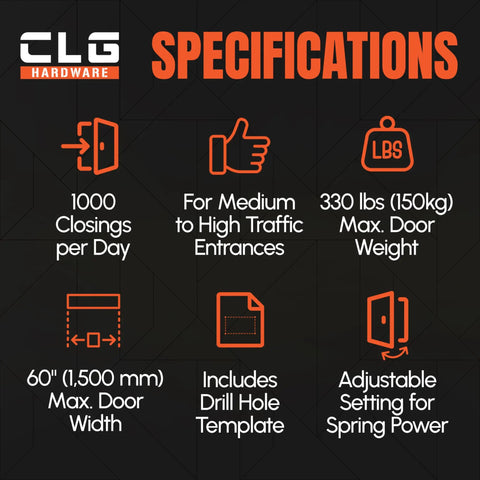 Specifications for Built Tough Heavy Duty Commercial Door Closer DC7016, including max door weight and width, and 1000 closings/day.