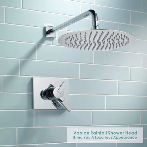 High Pressure Rain Shower Head With All Metal Stainless Steel Build 8 Inch Chrome Rainfall Showerhead Delivers Strong Water Flow Even at Low Pressure for a Spa Worthy Shower Experience installed on bathroom wall.