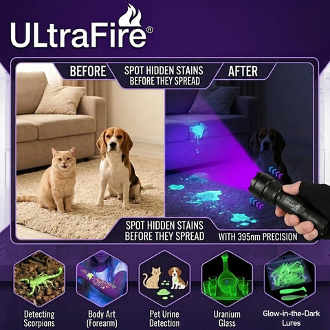 Ultra Bright UV Blacklight Flashlight With 395 405 Nm LED highlighting hidden pet urine stains on carpet indoors
