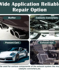 Image showing muffler, catalytic converter, and car showcasing Four Piece 2.5 Inch Exhaust Clamp Set Stainless Steel 304 Quick No Weld Butt Joint Band Sleeve Coupler For Pipes And Mufflers Reusable Exhaust Clamp Kit For Catalytic Converters And Connectors usage.