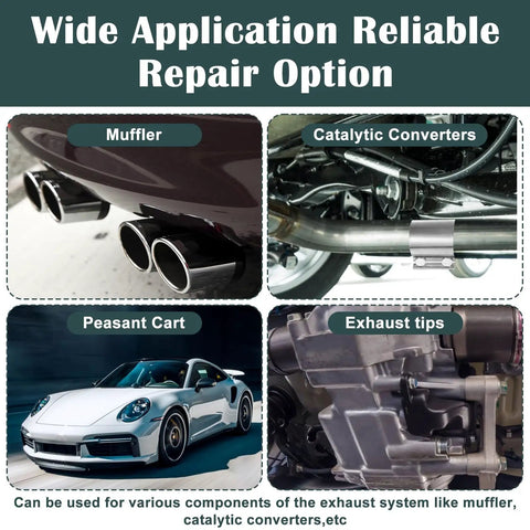 Image showing muffler, catalytic converter, and car showcasing Four Piece 2.5 Inch Exhaust Clamp Set Stainless Steel 304 Quick No Weld Butt Joint Band Sleeve Coupler For Pipes And Mufflers Reusable Exhaust Clamp Kit For Catalytic Converters And Connectors usage.