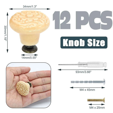 Real Deal Light Yellow Ceramic Kitchen Cabinet Knobs And Drawer Pull Handles Comes With Solid Hardware Set For No Sweat DIY Installation Top Tier Finish, showing detailed knob size and included tools.