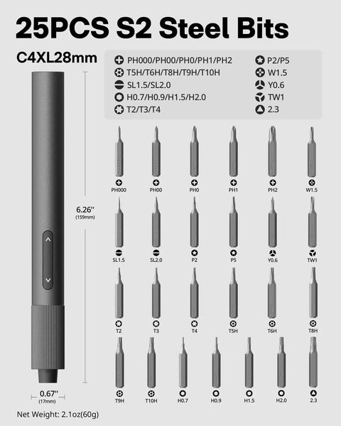 Dope 25 In 1 Mini Electric Screwdriver Set With USB C Rechargeable Power, Compact Magnetic Precision Tool showing 25 precision bits