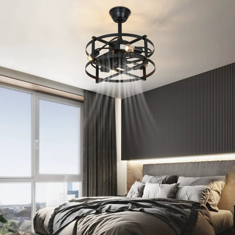 Caged Ceiling Fan With Remote Control And Light in modern bedroom, farmhouse flush mount industrial low profile design
