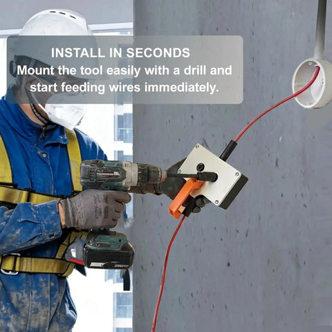 Compact Drill Powered Wire Puller Featuring Slick Conduit Fish Tape Grip in use with drill for easy wiring tasks.