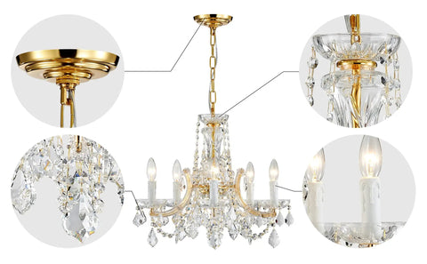 Glam Crystal Chandelier In Gold Finish With 5 Lights, Maria Theresa Style K9 Crystals, showing details of chain and sparkling pendants