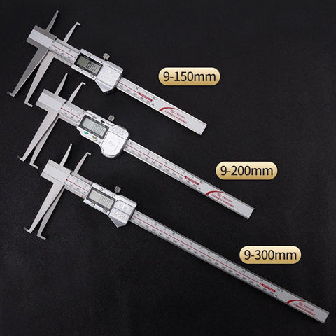 Electronic Inside Groove Caliper With Upper And Lower Jaw Grooves, 6 Inch 150mm Digital Caliper, 0.01mm Resolution, Metric And Imperial, IP54 Stainless Steel For Precise Bore Groove Measurement on black background, three sizes shown.