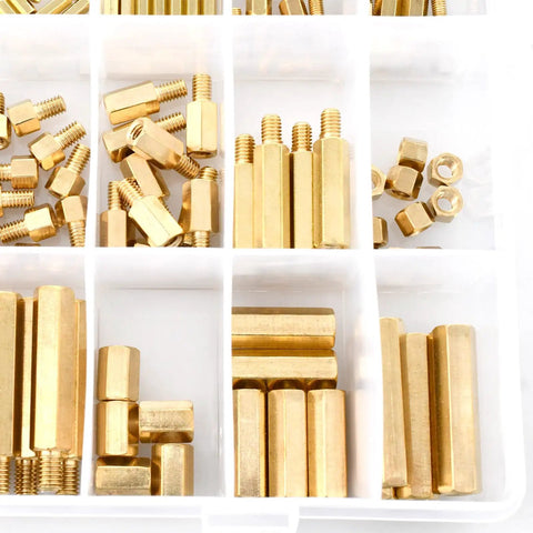 Brass Hex Spacers And Standoffs Kit 210 Piece Assortment For M2 M3 M4 M5 With Male And Female Threads Screws Nuts in storage box