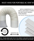 Portable Window AC Kit With Flexible Hose And Adjustable Seal For Vertical Or Horizontal Windows 5.9 Inch Diameter 59 Inch Length Keeps Your Room Cool Saves On Energy Bills Reusable PVC Window Seal diagram and components.