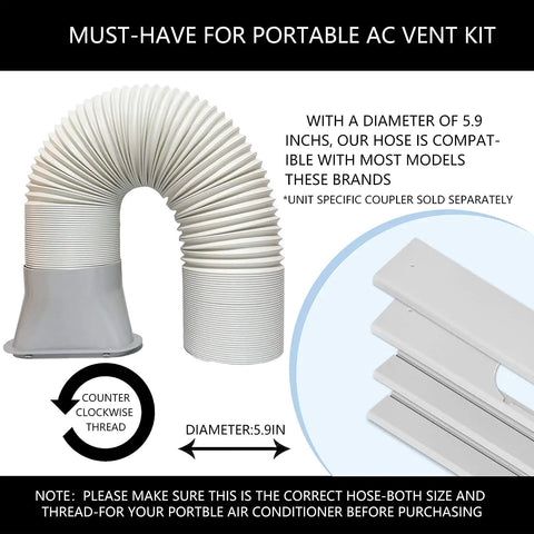 Portable Window AC Kit With Flexible Hose And Adjustable Seal For Vertical Or Horizontal Windows 5.9 Inch Diameter 59 Inch Length Keeps Your Room Cool Saves On Energy Bills Reusable PVC Window Seal diagram and components.