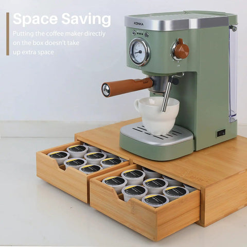 Bamboo K Cup Pod Holder Drawer Organizer with coffee maker on top, double drawer holding 30 pods