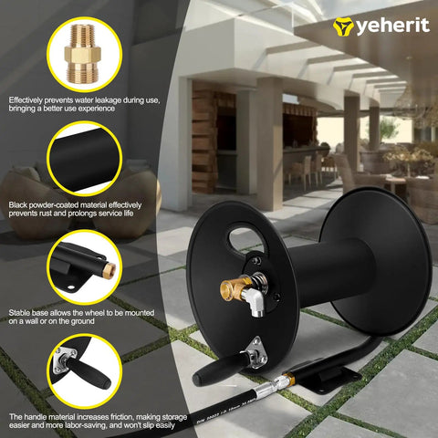 Heavy Duty Built To Last 100Ft Three Eighths Inch NPT Pressure Washer Hose Reel With Swivel Arm Steel Wall Mount Bracket 4000 PSI