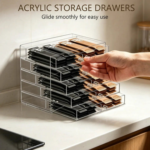 Hand opening Stackable Drink Packet Organizer With 10 Clear Acrylic Drawers For Water Flavor Mixes Tea Bags And Water Packets