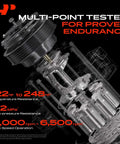Multi-point tested Premium AC Compressor With Clutch Replacement showing internal components and high-speed operation specs.