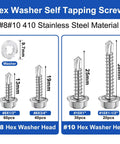 Top Shelf 410 Stainless Steel Self Drilling Tek Screws, Heavy Ball Hex Washer Head Assortment Kit, dimensions of #8 and #10 screws.