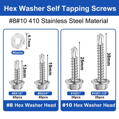Top Shelf 410 Stainless Steel Self Drilling Tek Screws, Heavy Ball Hex Washer Head Assortment Kit, dimensions of #8 and #10 screws.