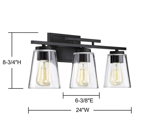 Calhoun Modern Bohemian Clear Glass Vanity Wall Light Three Light Fixture, Black Backplate, 24 Inch Wide, Size Dimensions Shown
