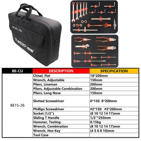 Non Sparking 26 Piece Tool Set Pro Grade For DIY And Shop Use With Chisel Adjustable Wrench Pliers Sockets Hammer And Screwdrivers Beryllium Copper Core Non Magnetic Corrosion Resistant DIN Standard BAM Certified in carrying case and layout