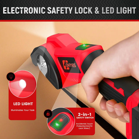 Heavy Duty Cordless Electric Scissor Cutter Compatible With Milwaukee 18v Batteries At 440 Rpm with LED light and safety lock in use.