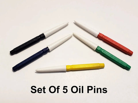 Set of 5 multicolored oil pins for Pro Grade Clock Oil Kit For Cleaning And Lubing Movements, Complete Home Clock Care Set.