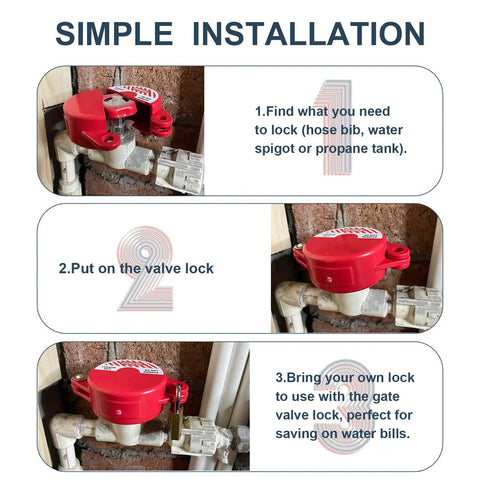 Simple installation of Gate Valve Lockout Kit Two Pack One To Two And A Half Inch Diameter Outdoor Red Locks for hose bibs, spigots.