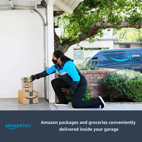 Slick Wall Mounted Smart Garage Door Opener With Rock Solid Battery Backup Ultra Silent Direct Drive Motor Built In Bright Led Light And Crisp Phone Control For Clutter Free Garages And No Hassle Setups with delivery person placing packages inside garage.