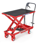 Red Garvee hydraulic lift table cart with black non-slip top, scissor lift, 1100 lb capacity, and caster wheels