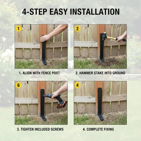 Two Piece Fence Post Repair Kit With Heavy Duty 11 Gauge Steel Anchor Stakes step-by-step installation on wood fence