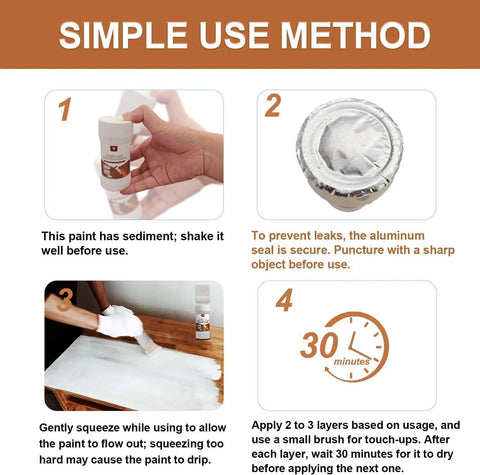 No Sweat White Touch Up Paint For Wood Doors Cabinets And Furniture Built In Brush shows simple use steps for quick application.